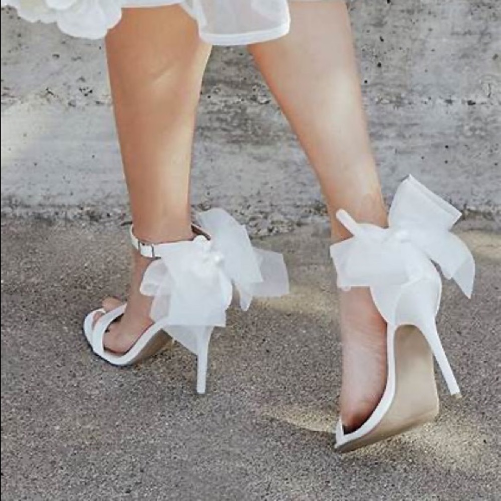 Lulus Ayanna Ivory Satin Bow Ankle Strap High Heel Sandals Size 6.5